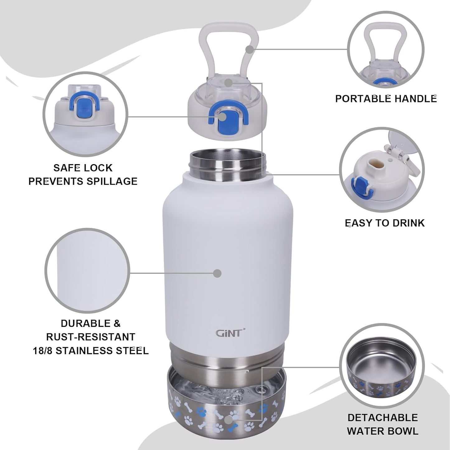 GiNT 37oz Insulated Stainless Steel Dog & Human Water Bottle, All-in-1 Travel Dispenser with Detachable Bowls & Carrying Case, Leak-Proof Pet Canteen for Walking, Hiking, Camping, Car (White)