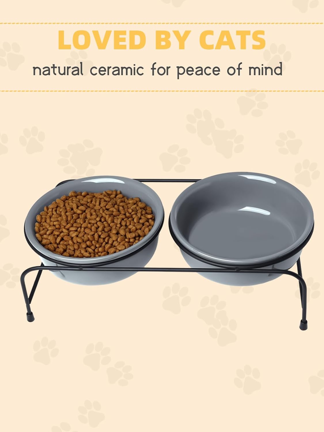 GDCZ Elevated Cat Bowl Stand, 11 in Metal Stand with 2 Removable 15 OZ Ceramic Bowls for Pet Food and Water, Stand Reduces Cat Neck Burden, Grey
