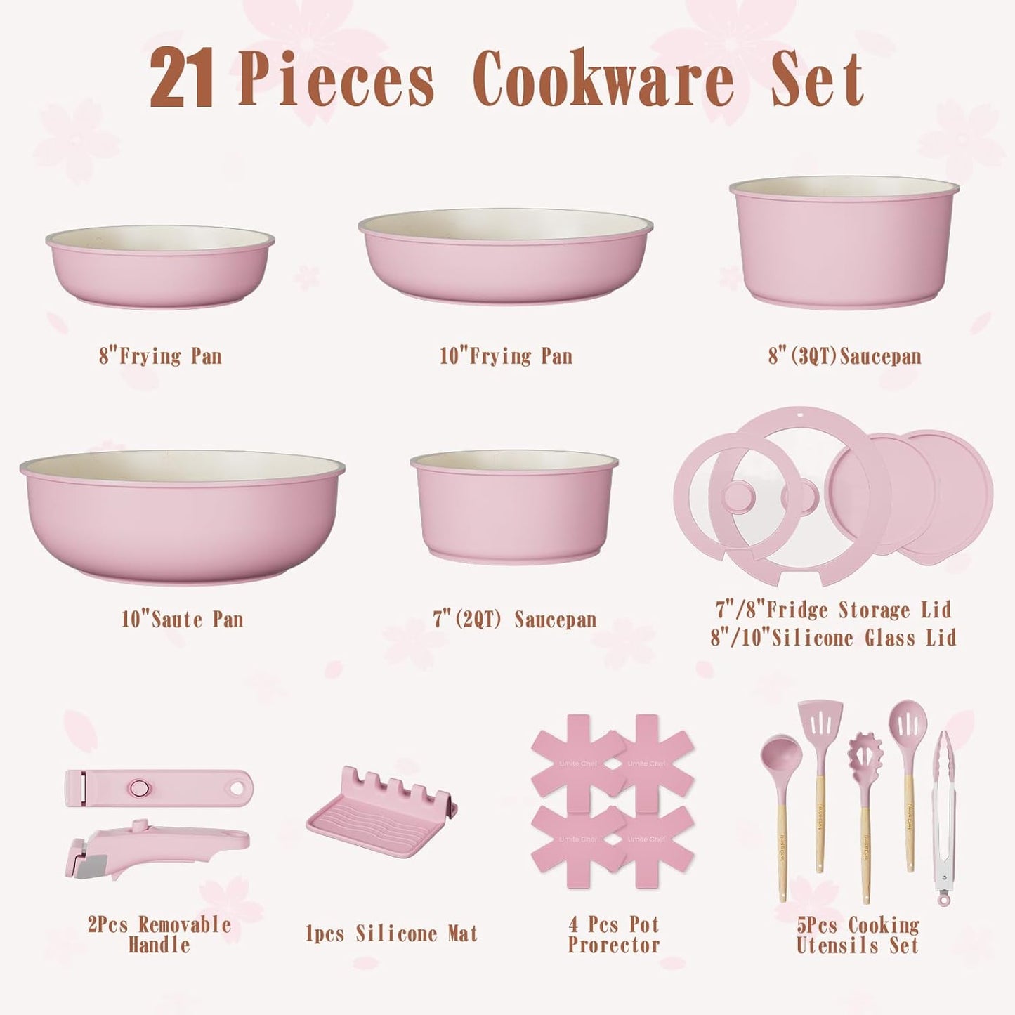 Umite Chef Pots and Pans Set Non Stick, 21 pcs Nonstick Ceramic Cookware Set, RV Kitchen Cooking Set with Detachable Handles, Oven Safe, Induction Cookware, Stackable, Pink, PFAS PFOA & PTFE Free