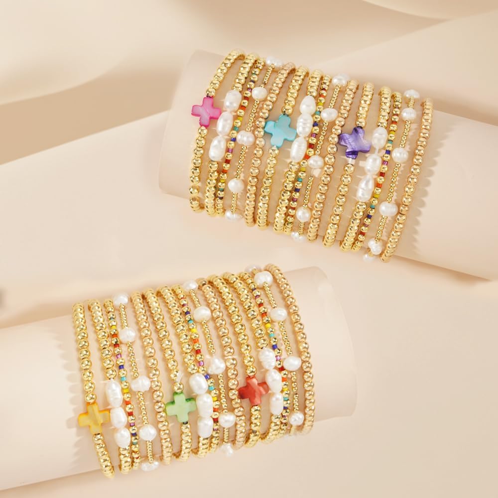 14K Gold Pearl Beaded Cross Bracelets Stack Set for Women,Stretch Boho Colorful Christian Beads Ball Jewelry Trendy Gift