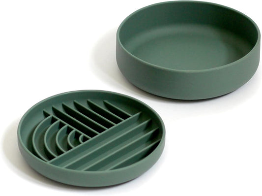 Slow-Feeder & Water Bowl Set by The Dog Tale | Food-Grade Silicone Dog Bowls, BPA-Free, Dishwasher Safe, Freezer Safe (Forest)