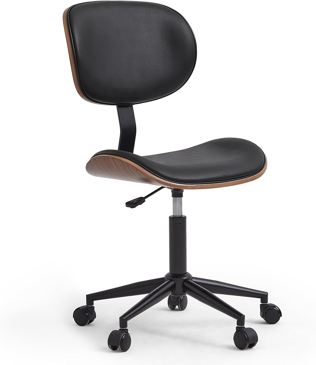 Bestier Small Office Chair with Bentwood Back Support, Armless Desk Chair with 360° Swivel, Height Adjustable Computer Chair with Wheels, PU Leather Modern for Office, Small Space, Black