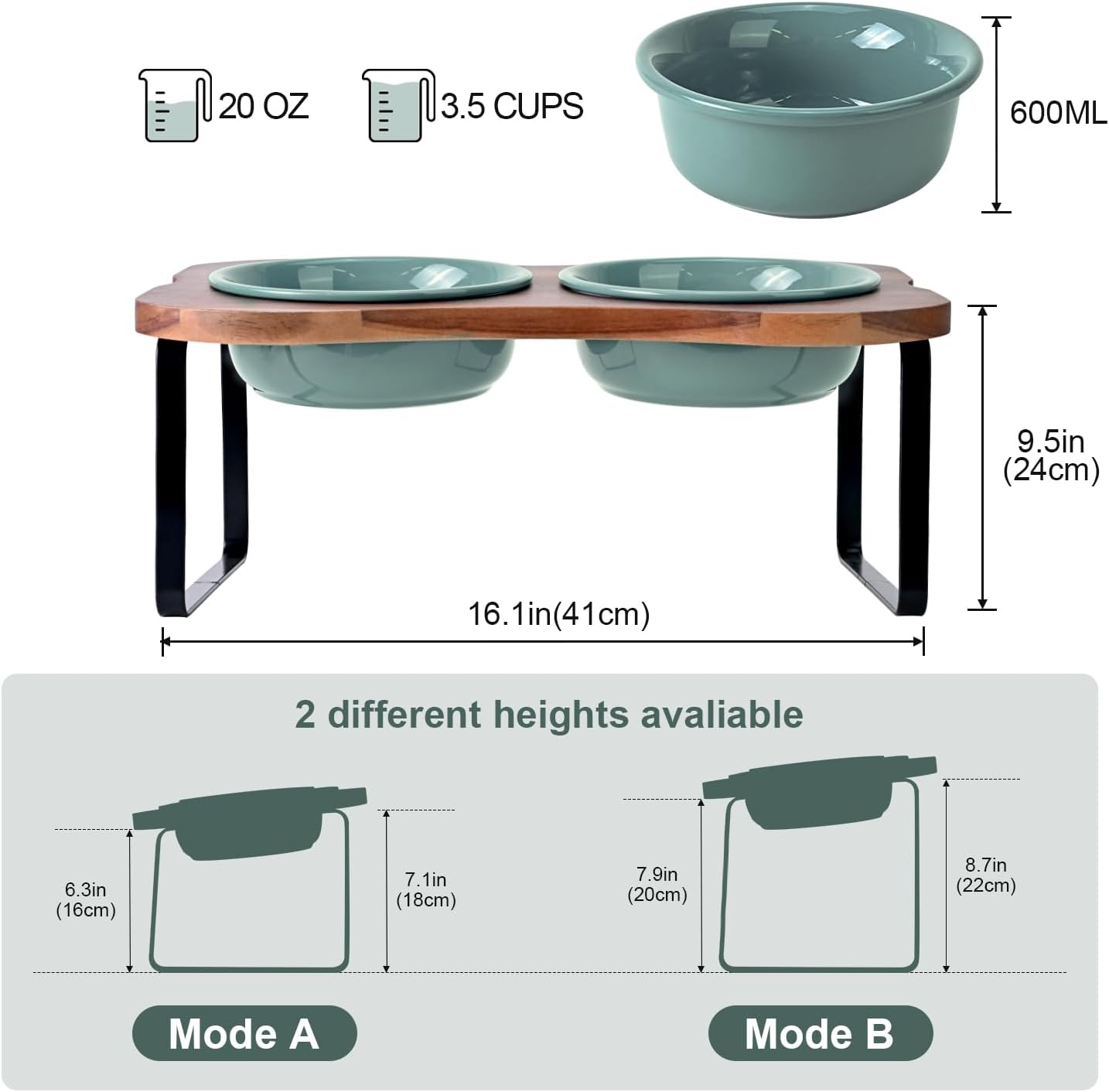 SPUNKYJUNKY Ceramic Elevated Tilted Dog Bowls Bone-Shaped Raised with 2 Height Iron Stand, 6.9'' Dog and Cat Food Water Bowls Set Non-Slip for Small Medium Sized Breed - 20 OZ,Dark Green