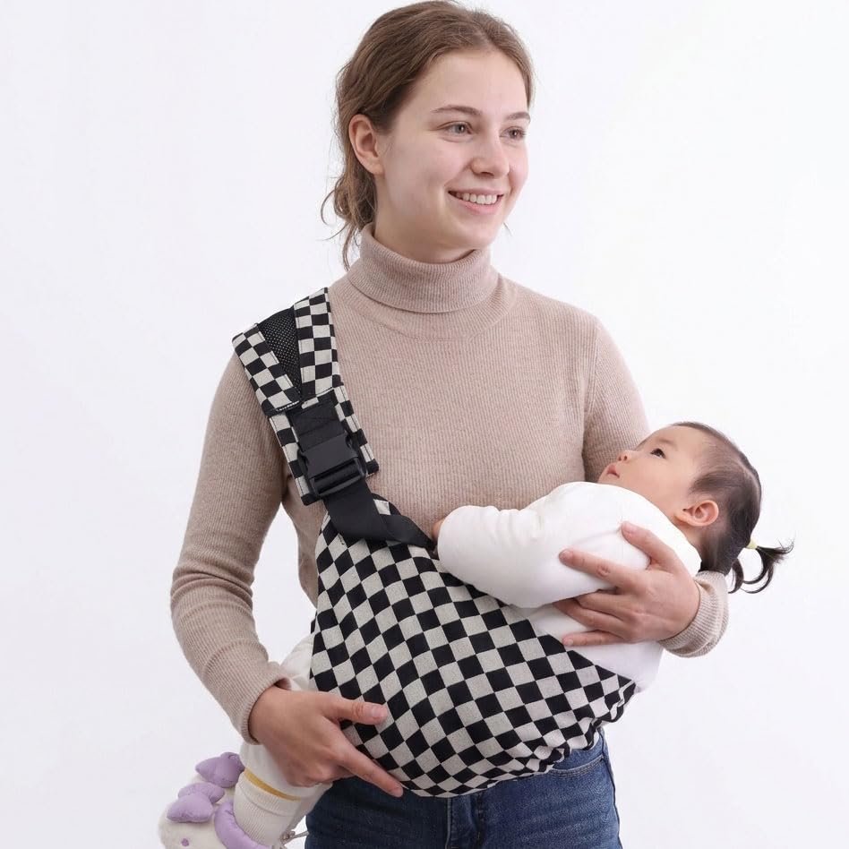 Baby Sling Carrier, Lightweight Portable Baby Carrier for Toddlers, Toddler Sling Carrier with Adjustable Front & Back Shoulder Straps – Fits Babies 6 to 48 Months (Ebony Check)