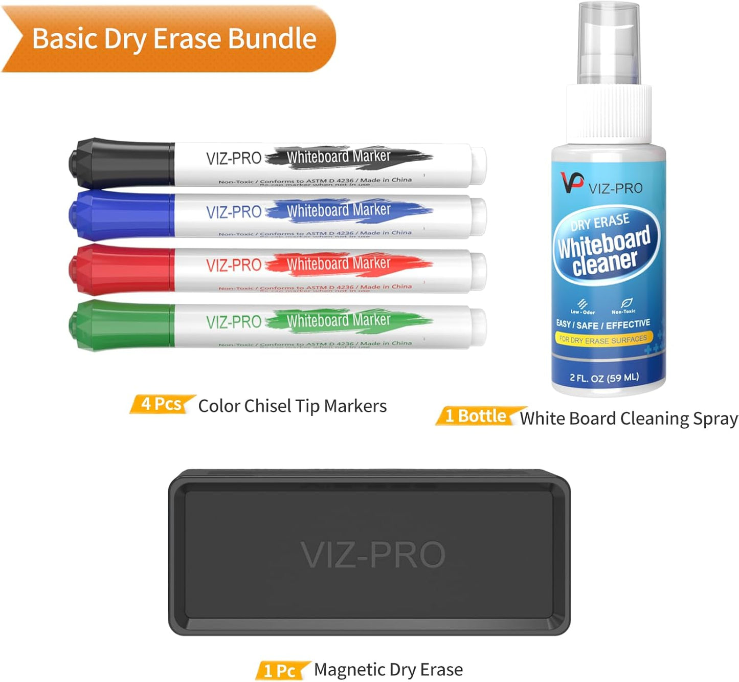 VIZ-PRO Dry Erase Marker Starter Set, Low-Odor Whiteboard Pens, Eraser and White Board Cleaner, Assorted Colors, 6-Piece Kit