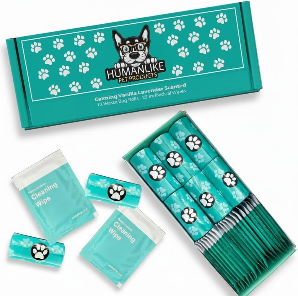 Dog Poop Bags and Wipes (2 in 1) - 180 Vanilla Lavender Scented Dog Waste Bags (12 Rolls) + 25 Individual Pet Wipes. Dog Walking Kit for Pet Owners, Cat Litter, Dog Leash, Pet Supplies, Puppy Pads.
