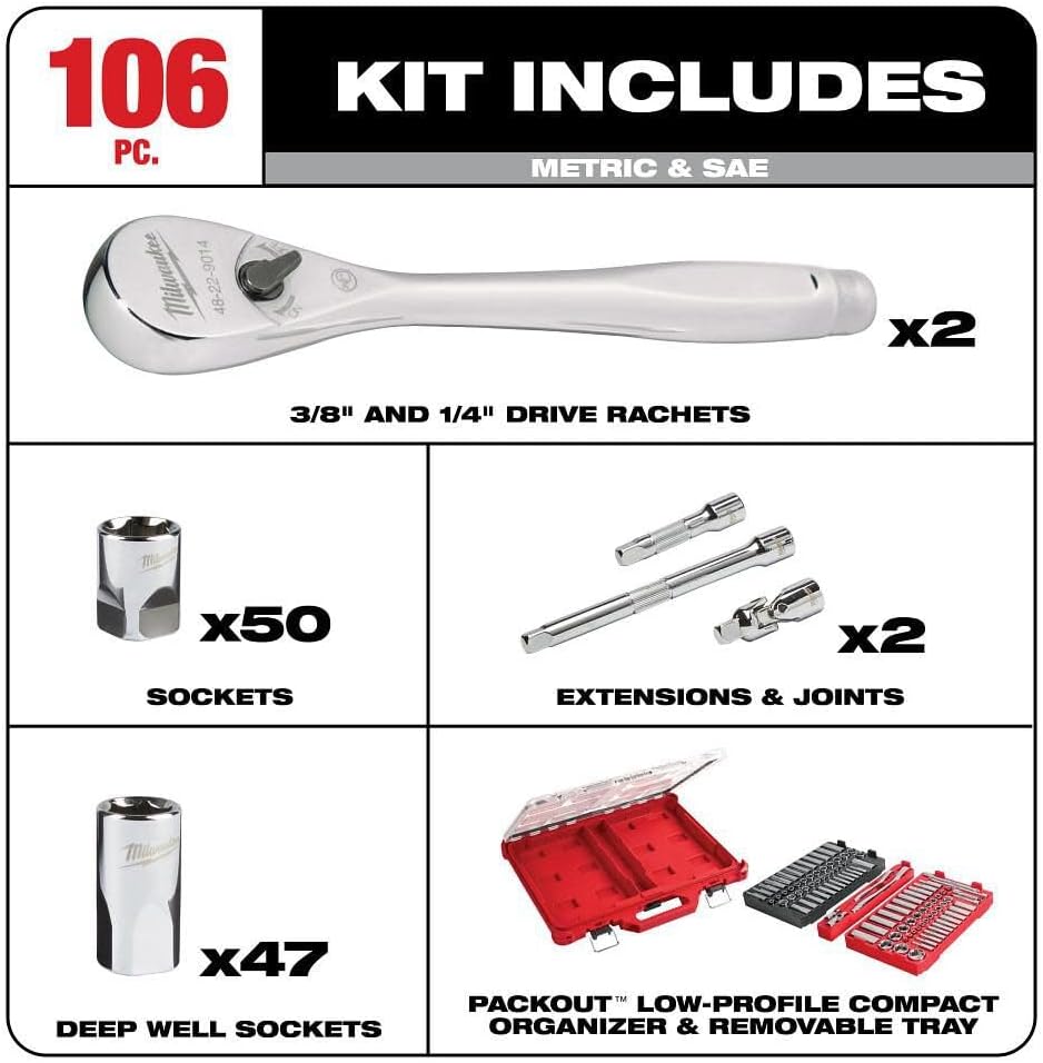 Milwaukee Electric - 1/4-3/8 106PC Rat. and Socket Set in PKOUT SAE-MM