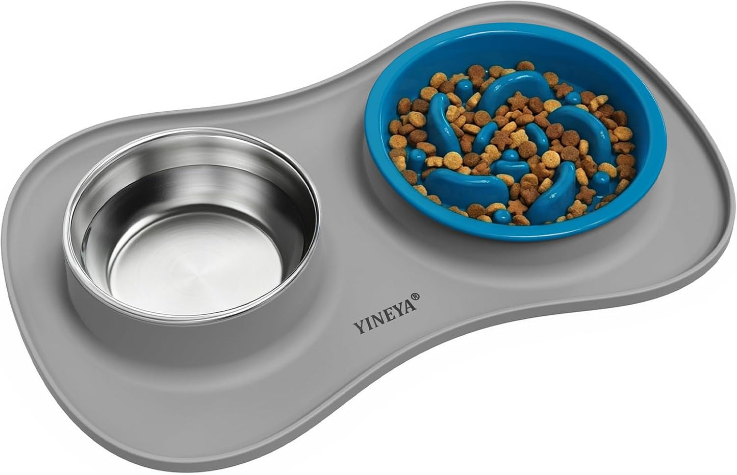 Slow Feeder Dog Bowls Stainless Steel Food and Water Bowl Set 3 in 1 No Spill Waterproof Silicone Pet Food Mat Puppy Feeding Station for Large Medium Small Breed Non Slip Metal Dish Tray by YINEYA