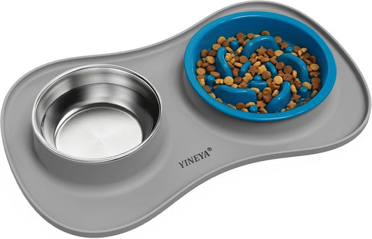Slow Feeder Dog Bowls Stainless Steel Food and Water Bowl Set 3 in 1 No Spill Waterproof Silicone Pet Food Mat Puppy Feeding Station for Large Medium Small Breed Non Slip Metal Dish Tray by YINEYA