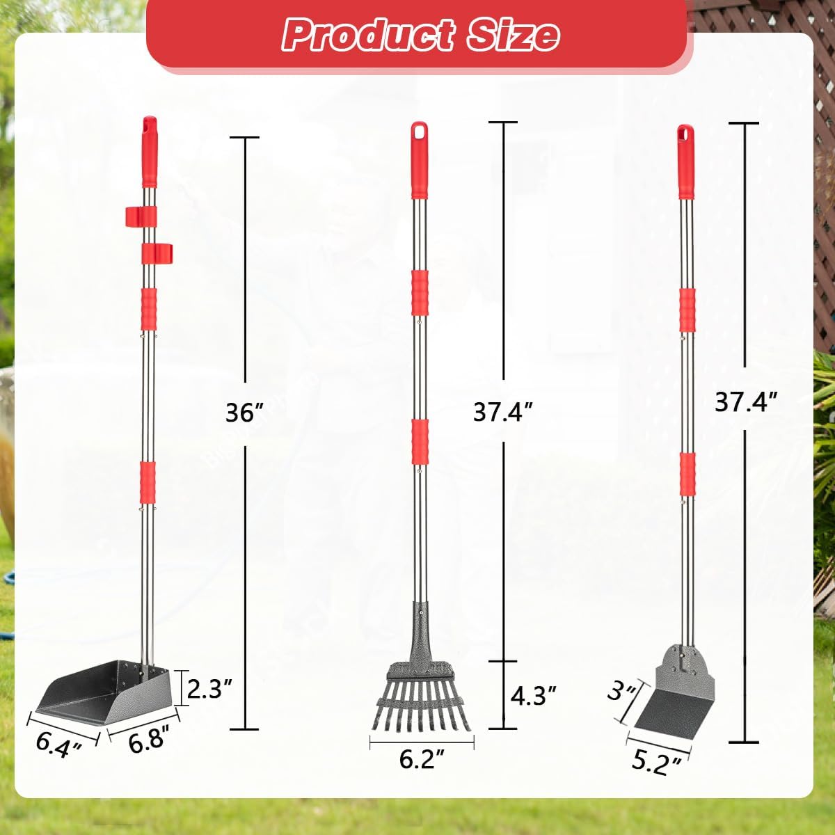 Pooper Scooper, Long Handle Dog Pooper Scooper, Heavy Duty Stainless Steel Rake with Tray & Spade Set for Pet Waste Removal, for Grass, Dirt or Gravel