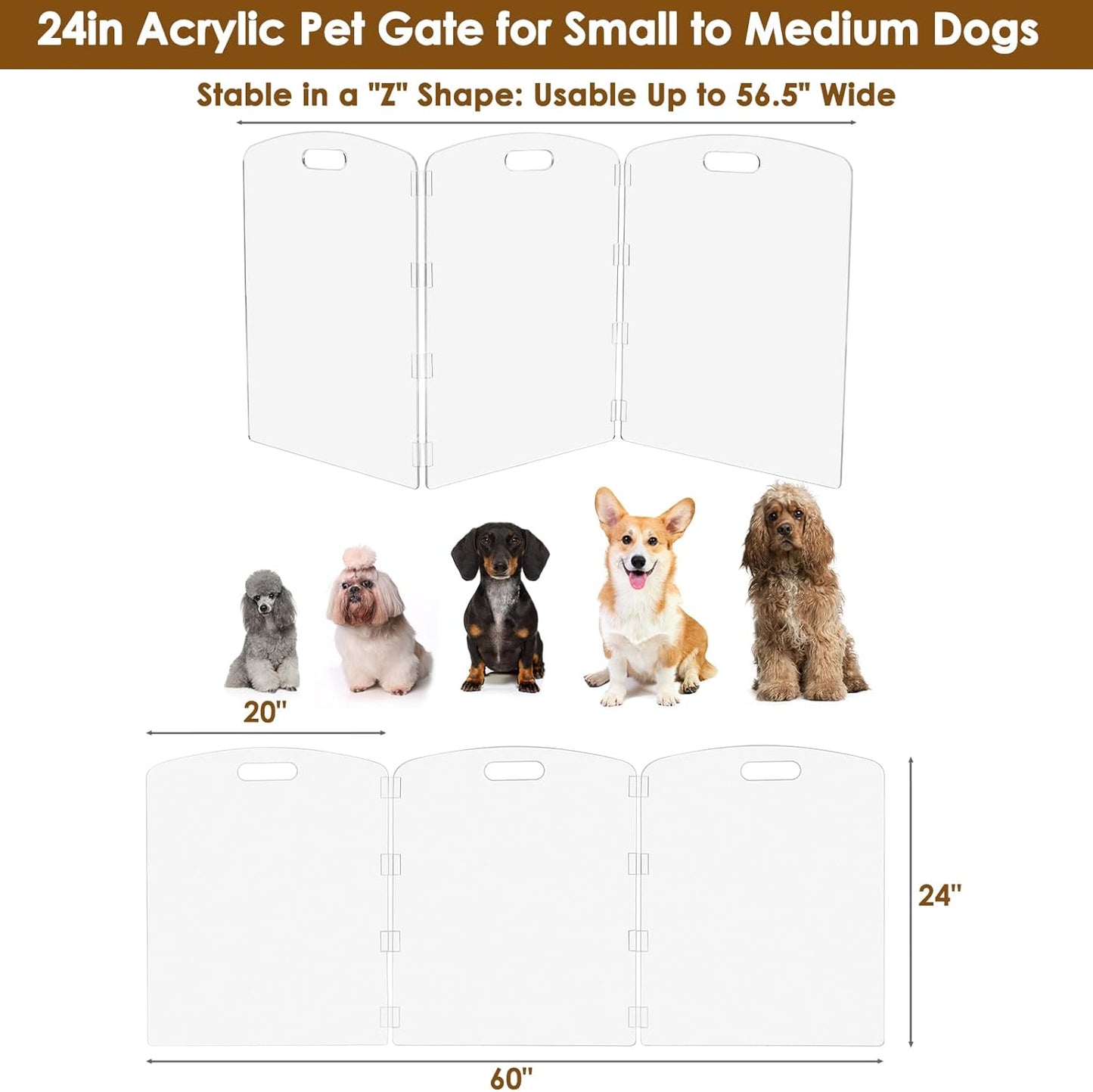 Modern Frame Clear Acrylic Freestanding Pet Gate - 24" High Folding 3-Panel Dog Barrier for Doorways, Stairs & Large Openings, Indoor Fence for Dogs, Puppies & Cats