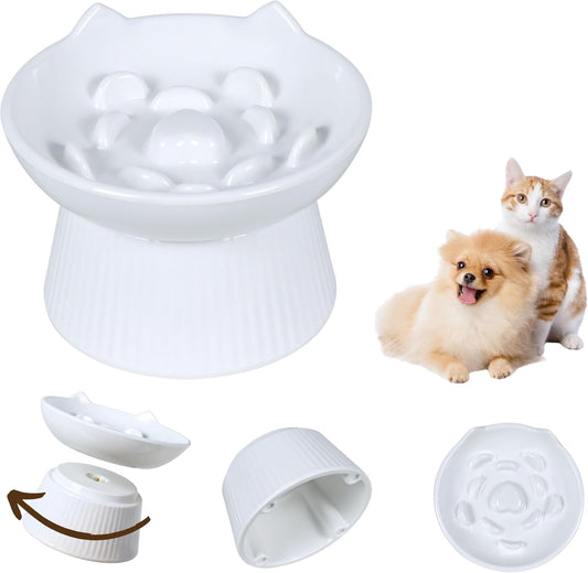 Unbreakable Raised Cat Bowls,Detachable Slow Feeder Pet Bowl, Heavy Weighted, Non-Slip Feeder, Elevated Small Dogs Slow Feeders, Dry & Wet Food, Whisker Friendly(White; 6.2'')