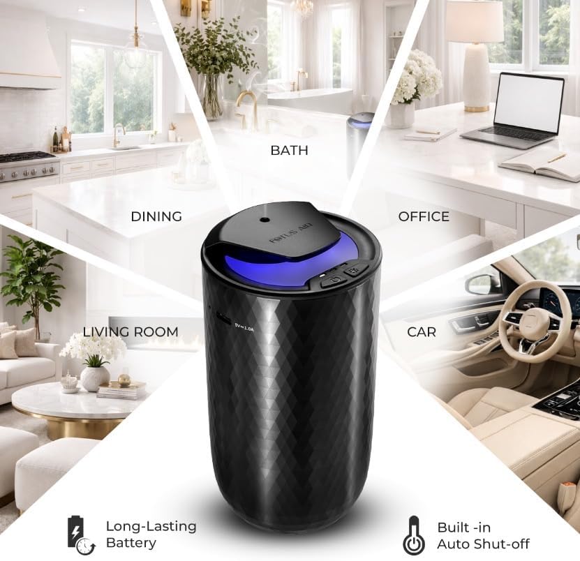Waterless Essential Oil Diffuser – Portable Cordless Aromatherapy Diffuser for Home, Car, Office – 3 Mist Levels - 4 Timer Modes - 15ml Oil Capacity - USB-C Rechargeable