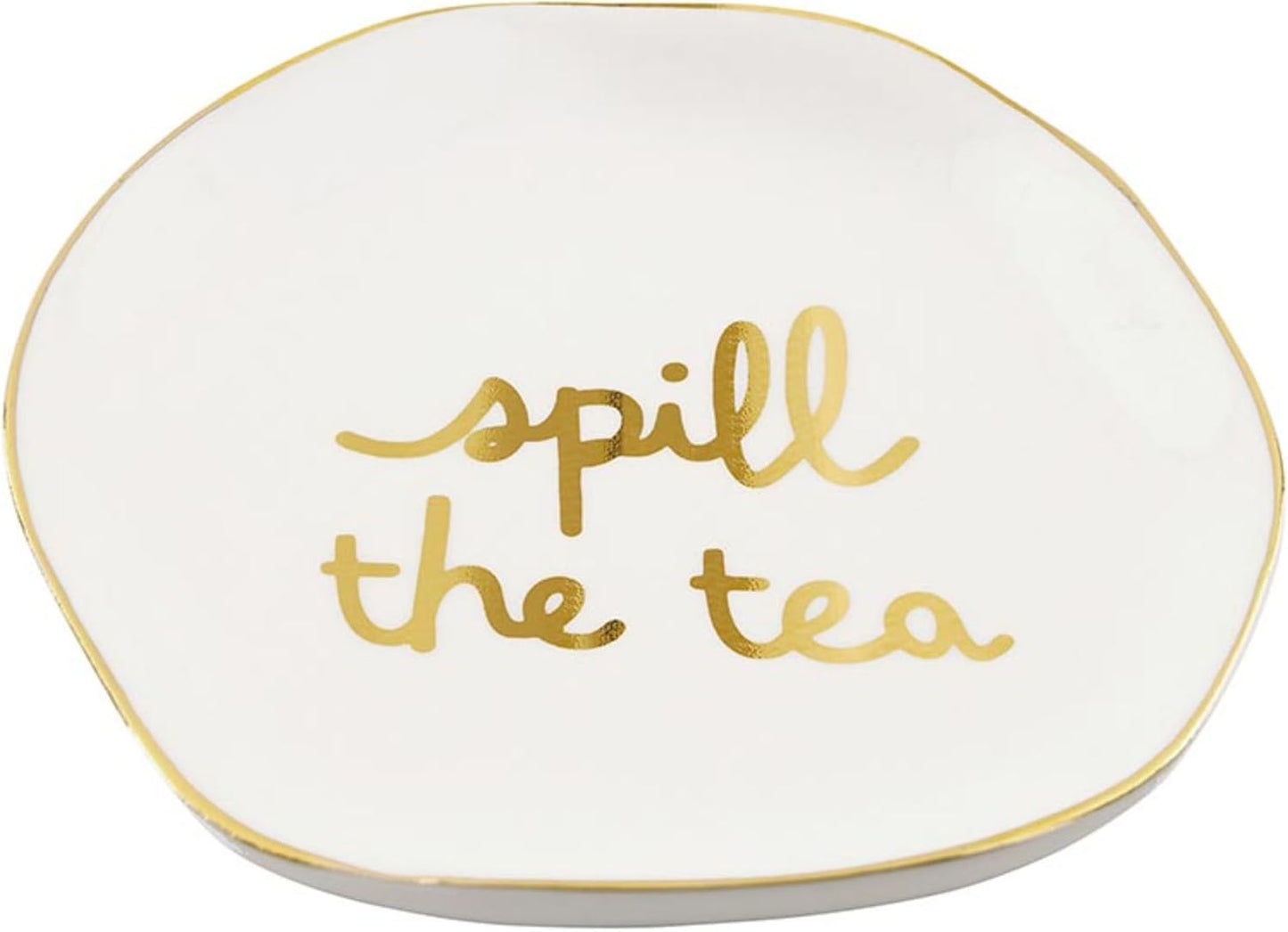 Santa Barbara Design Studio Tea Bag Holder White Ceramic Gold Foil Tea Rest, 3.5" Diameter, Spill The Tea