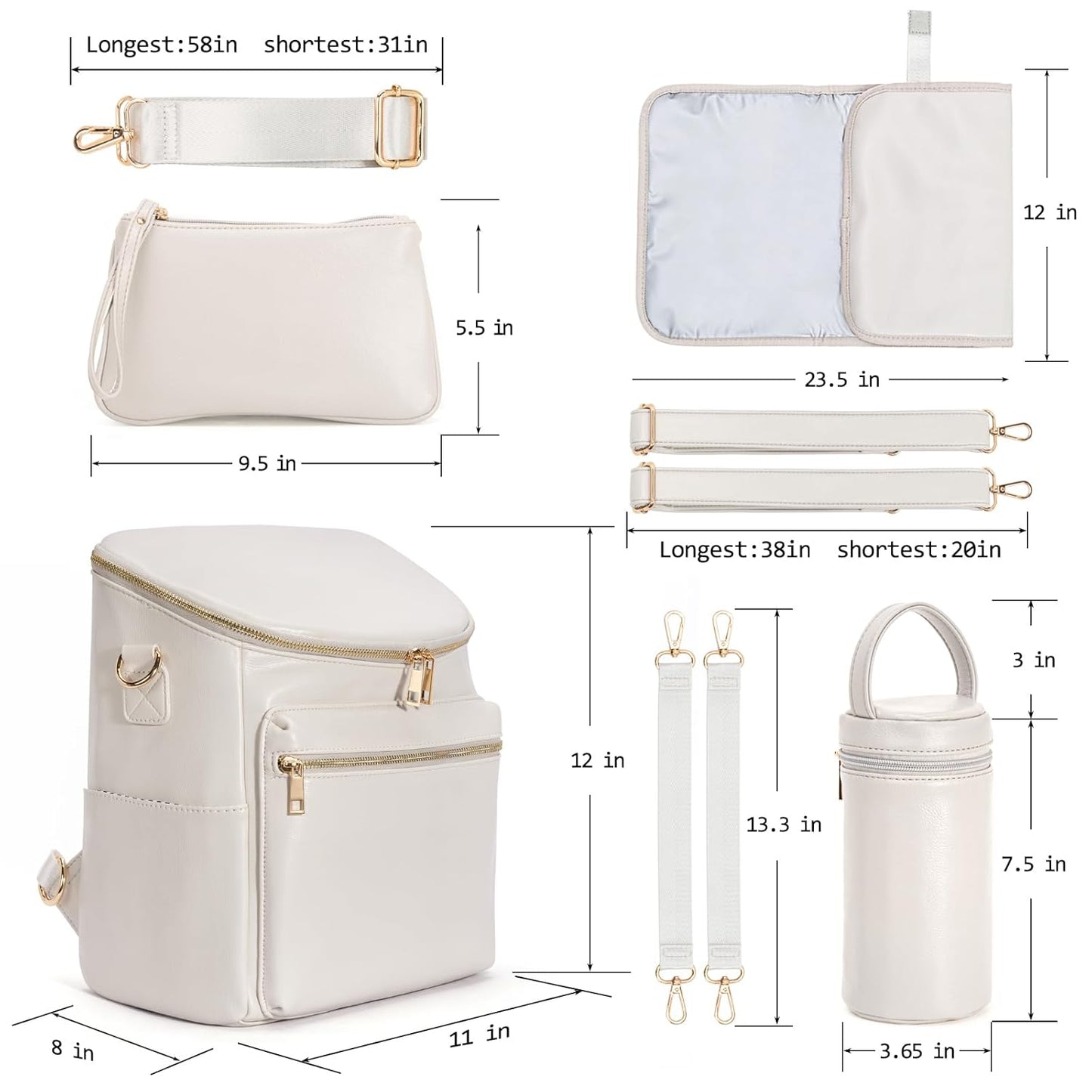 Minsong Diaper Bag Backpack, Fashion Leather Mommy Backpacks, Travel Baby Diaper Bags with in Bag Organizer and Changing Pad (Pearl White)
