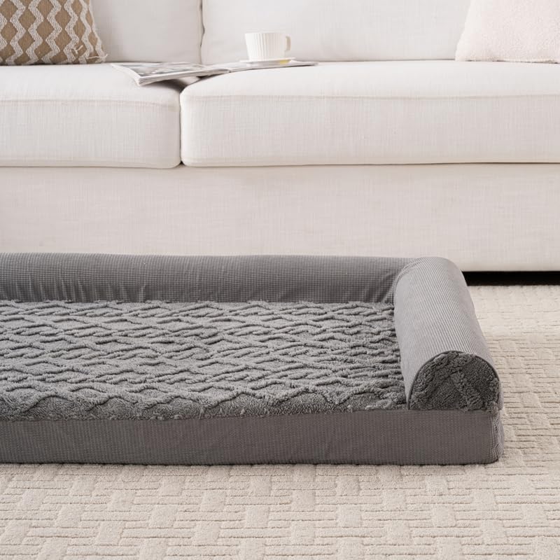 Orthopedic Dog Bed, L-Shaped Plush Sofa with Bolster, Memory Foam Pet Bed, Machine Washable Cover, for All Dog and cat Breeds (Dark Gray, 35" x 25" x 6.5")