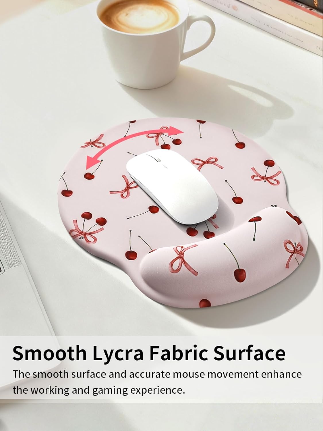 Seorsok Retro Ribbon Bow Cherry Mouse Pad with Gel Wrist Support Mouse Pad,Ergonomic Aesthetic,Comfort Mousepad for Office Work Computer,Pain Relief Mousepad with Non-Slip Silicone Base,Pink