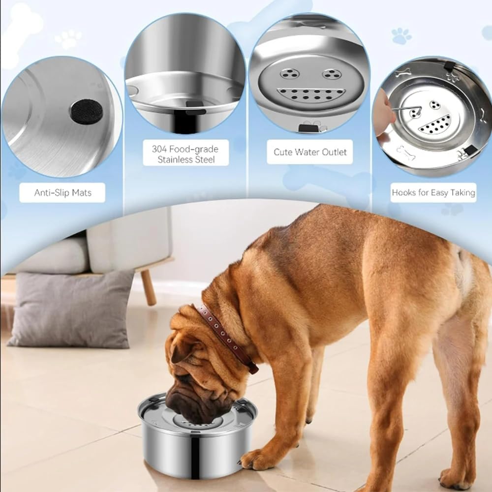 Stainless Steel Dog Water Bowl No Spill, 101oz/3L Large Capacity Pet Water Dispenser with Floating Disk, Non-Slip Slow Drink Feeder for Cat, Anti-Gulping & Splash Proof for Travel, Car Home