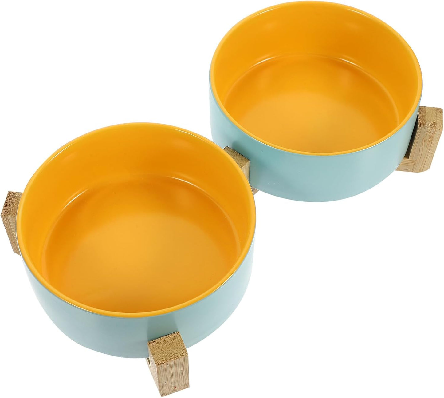 Milisten Ceramic Cat Bowl with Wood Holder, Elevated Feeding Bowl Set, Matte Two-Tone Blue and Yellow, Small Size, Indoor Kitten Feeding Dish for Cats