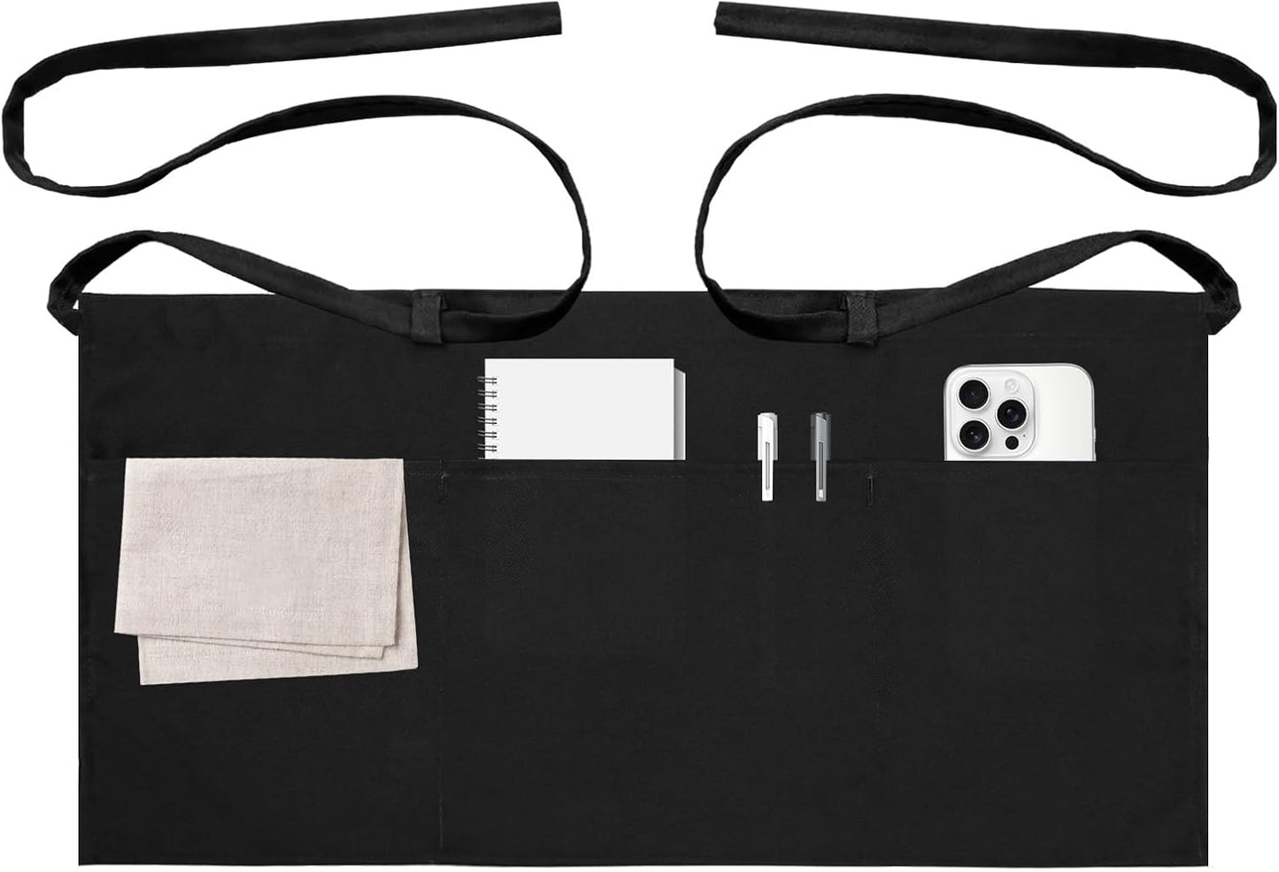 Server Aprons with 3 Pockets Waitress Waiter Waist Black Apron for Women Men Chef Kitchen Serving Cooking Baking, 1Pack, 12.6 inch