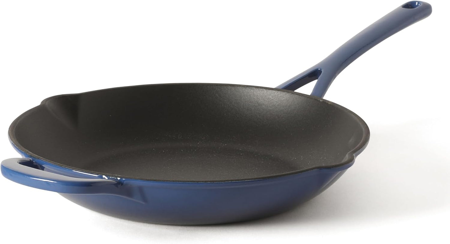 Martha Stewart Gatwick 12” Enameled Cast Iron Skillet, PFAS-Free, Classic Blue Exterior with Matte Black Enamel Interior, Rust Resistant, Oven Safe