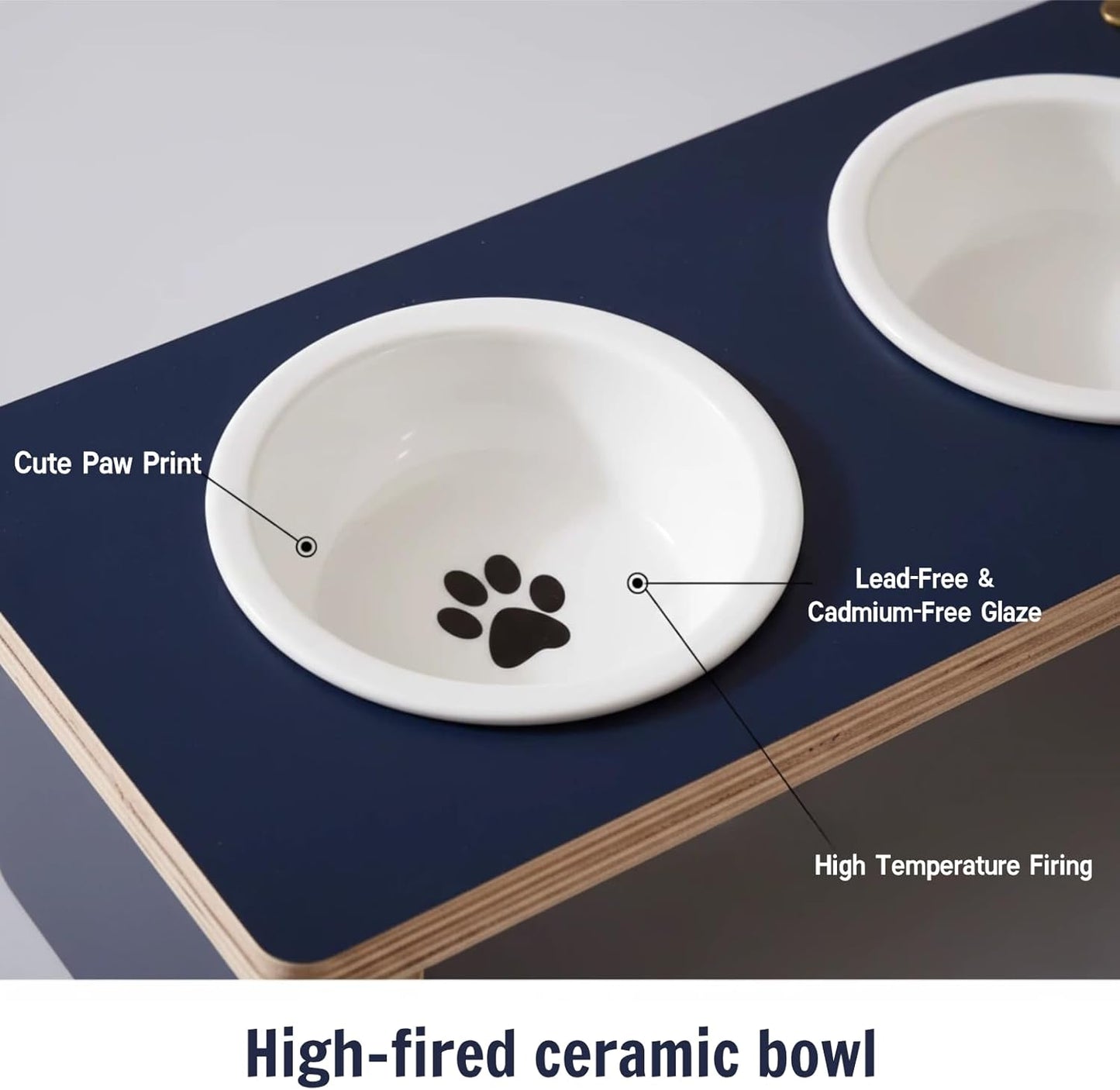 Elegant Raised Dog Bowl Stand with 2 Ceramic Bowls - Waterproof Multi-Layer Solid Wood Design for Small Dogs or Cats ，Anti-tip 3.9 lb Heavy-Duty Food Prep Station (11.8oz/1.5 Cup)