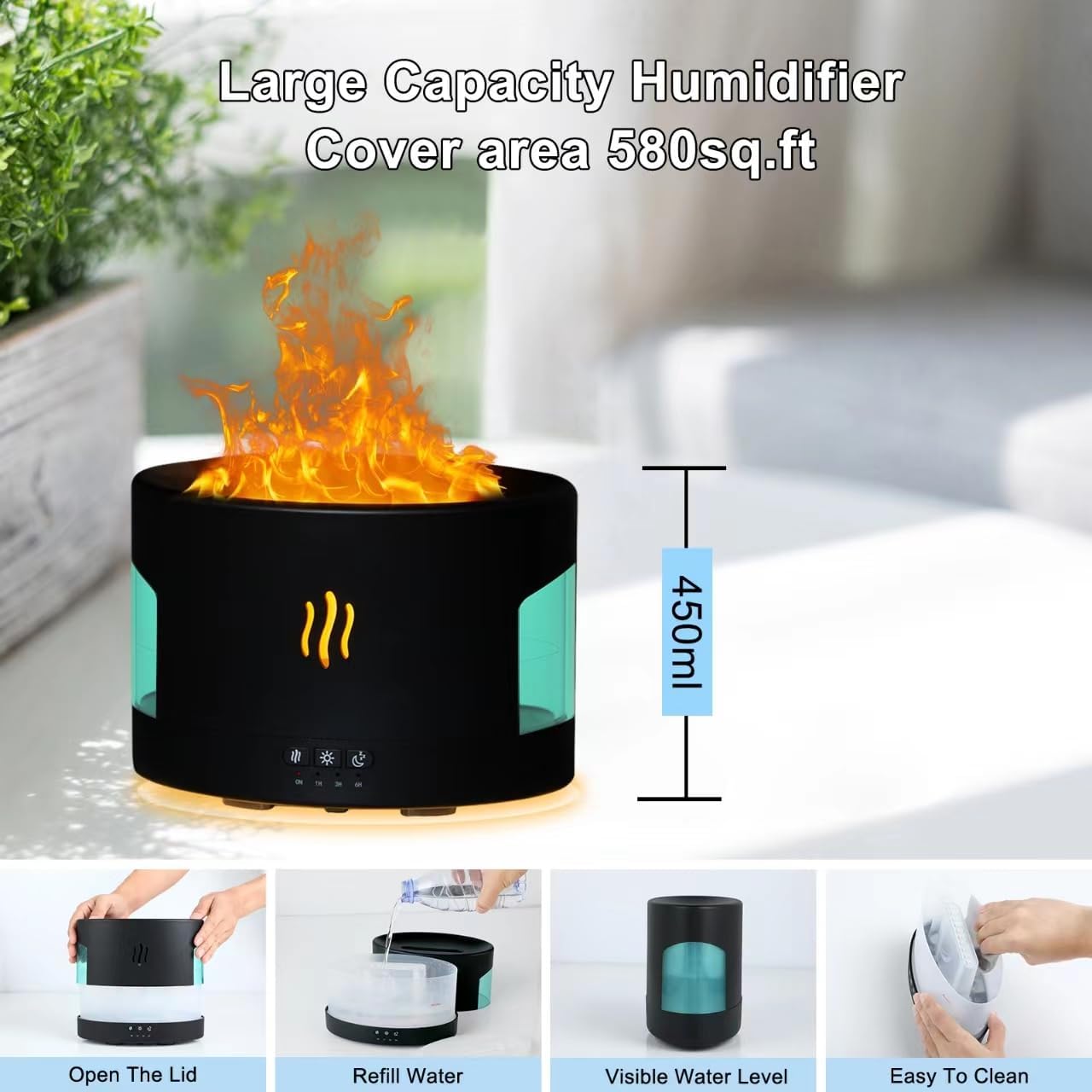 Oil Diffusers for Home large Room, 450ml Visible Water Tank, Air Diffuser Humidifier with Bluetooth Speaker, White Noise and Remote, Flame Humidifier for Bedroom,Office, 7 Colors Diffuser Gifts