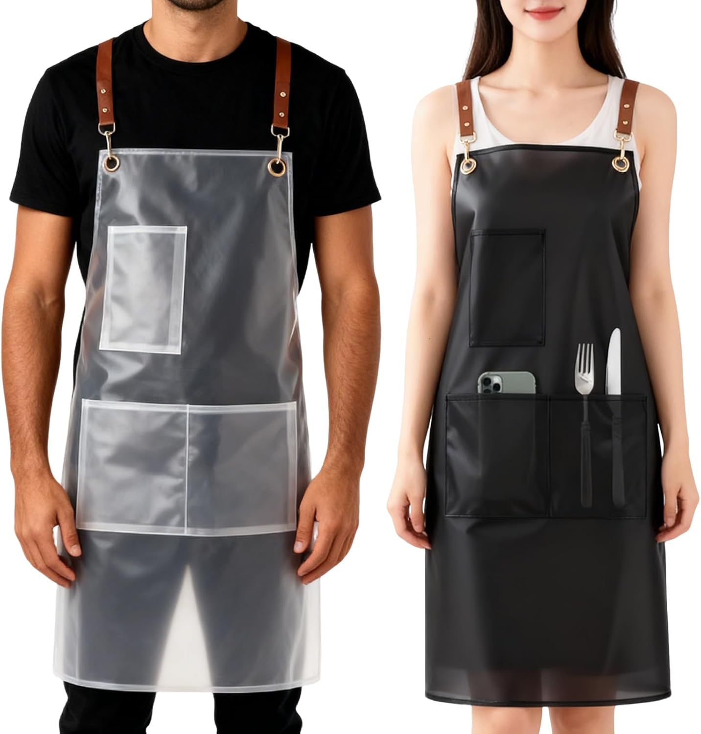 2 Pack Waterproof Translucent Apron with Large Pockets,Cross Back Apron Cooking Apron for Dishwashing,Cleaning Fish,