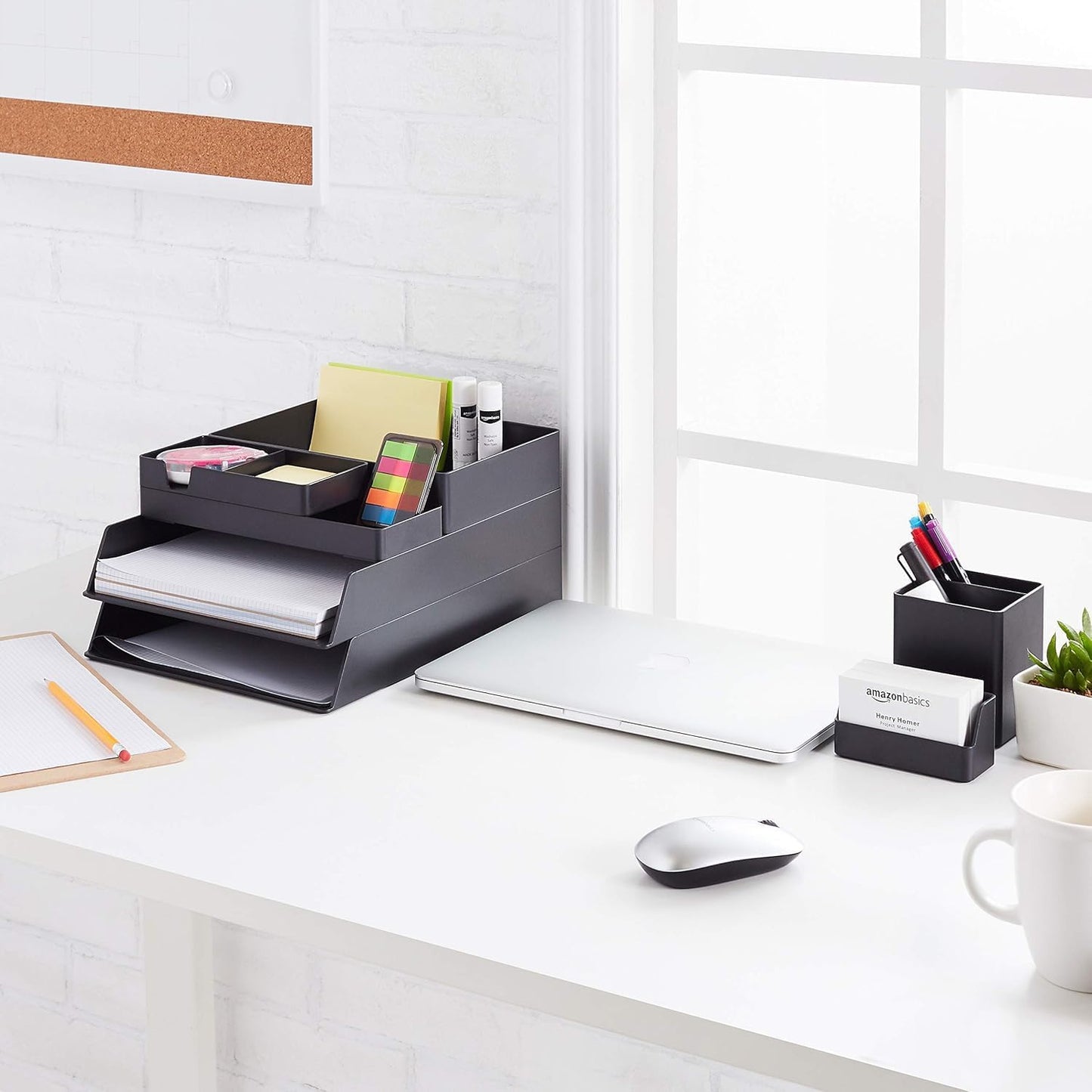 Amazon Basics Rectangular Plastic Desk Organizer Bundle, 3 Pieces with Half Accessory Tray, Small, Black