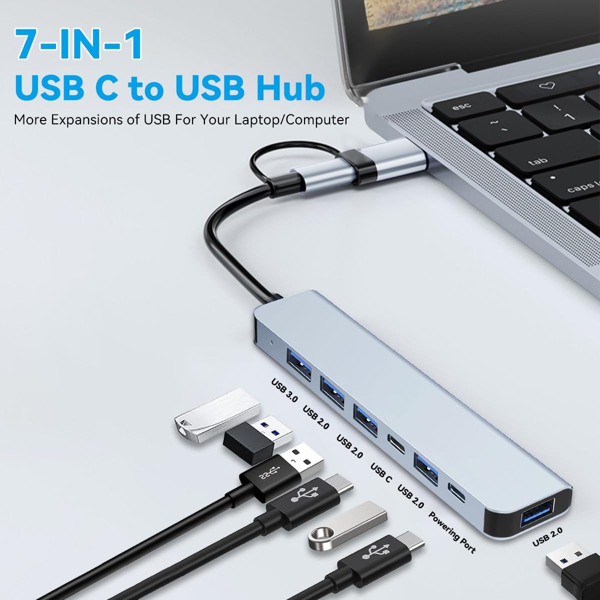 USB C Hub USB Hub Aluminum 7 in 1 USBC Dock with USB3.0 & USB2.0 Ports Extender Multiport Adapter for PC/Laptops/MacBook Pro/Air/iMac/iPad and More Devices
