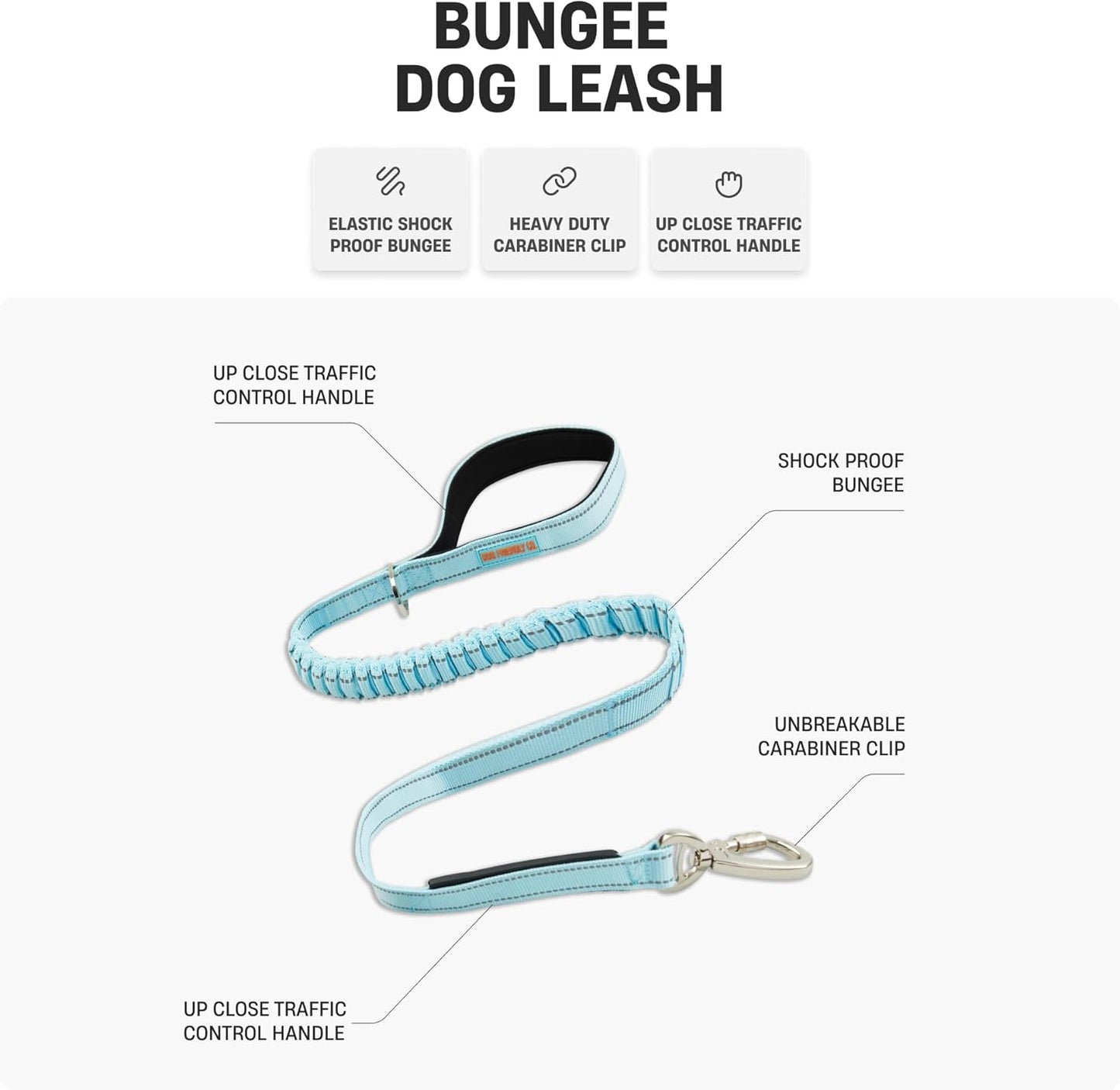 DF Co. Bungee Dog Leash | Strain Free & Shock Resistant for Control | Neoprene Padded Handle, Heavy-Duty Carabiner Clip, and D-Ring | Classic Blue, Size Regular