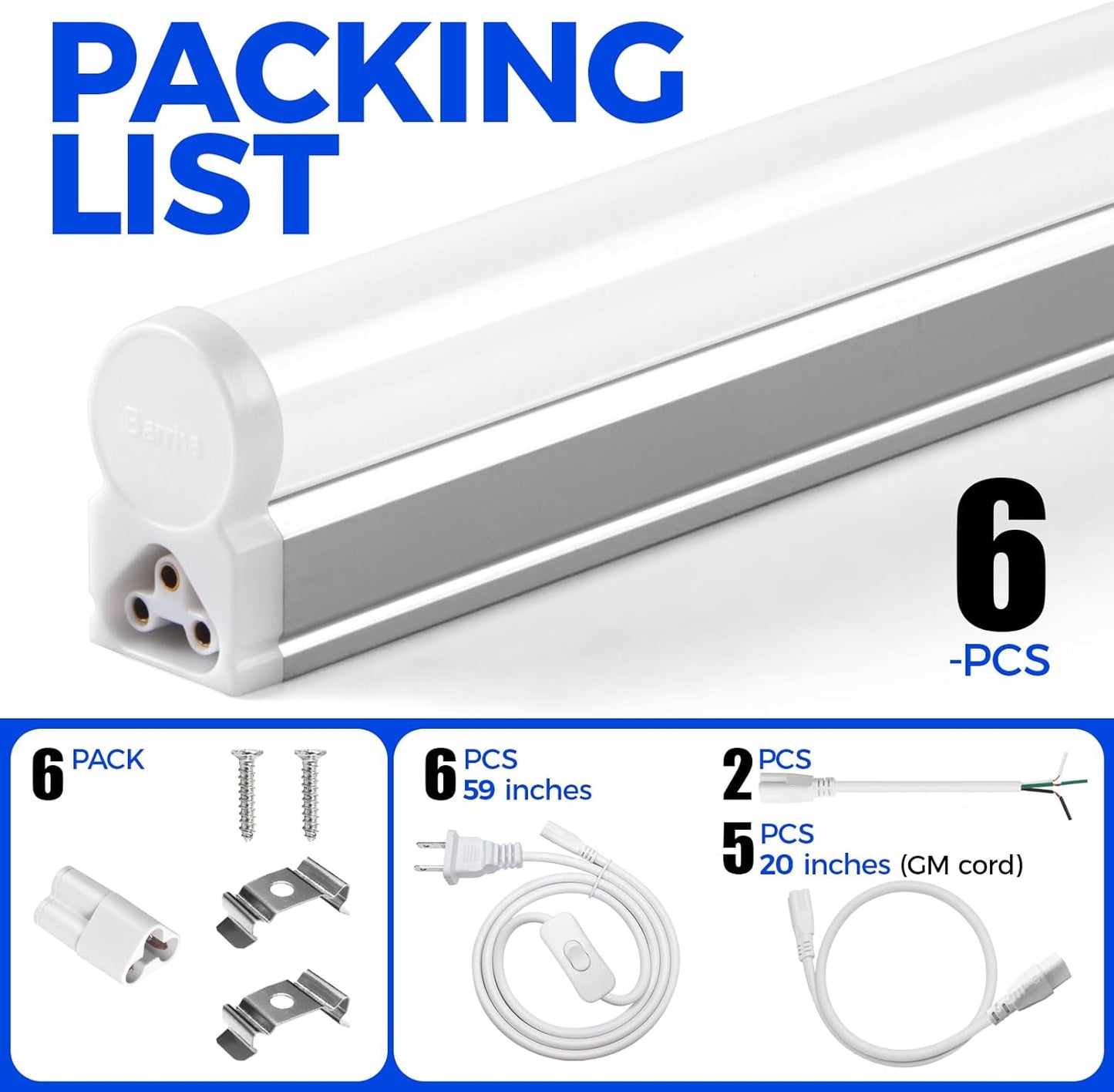 Barrina (6 Pack LED T5 Integrated Single Fixture, 4FT, 2200lm, 6500K Super Bright White, 20W Utility LED Shop Light, Ceiling and Under Cabinet Light, Corded Electric with ON/Off Switch, ETL Listed