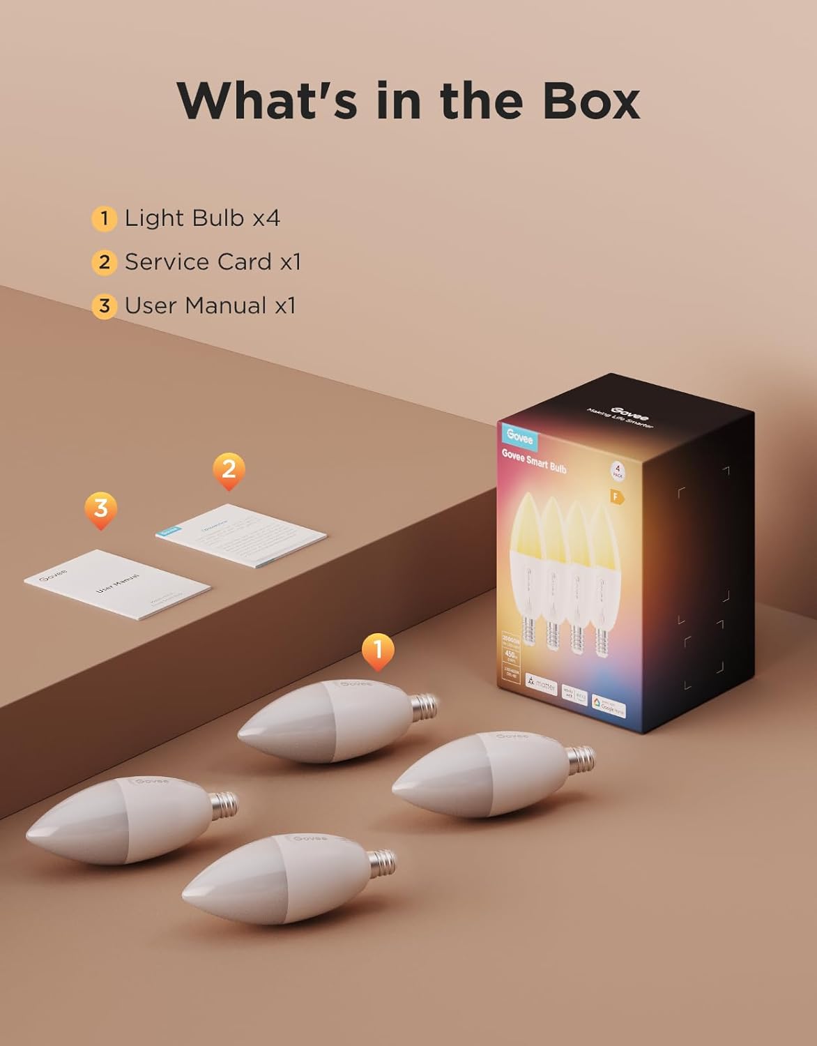 Govee E12 Led Bulb, Smart Light Bulbs Work with Matter, Alexa, Google Assistant, WiFi Candelabra Bulbs 40 Watt Equivalent, RGBWW Color Changing Light Bulb, 2.4GHz Only, 450 LM, 4 Pack