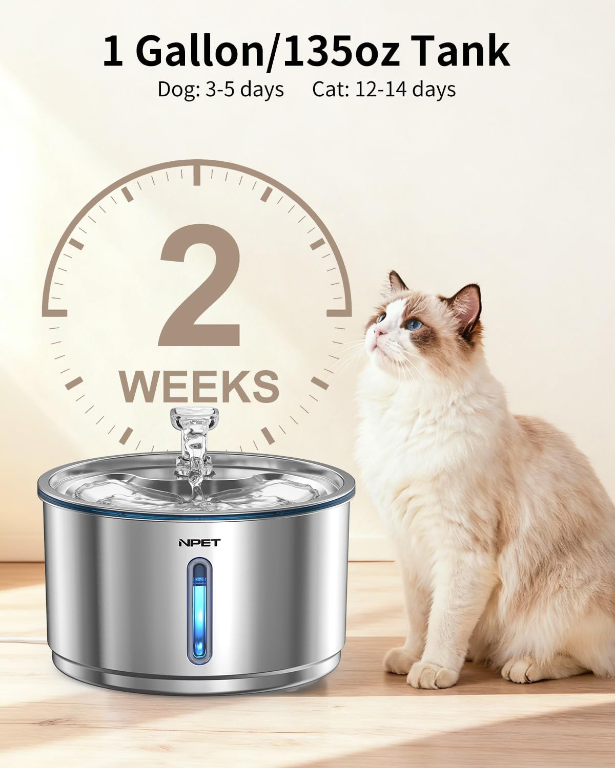NPET Stainless Steel Cat Water Fountain, 1 Gallon/135oz Automatic Pet Drinking Fountain Dog Water Dispenser Bowl with Water Level Window for Cats Indoor - WF210Plus
