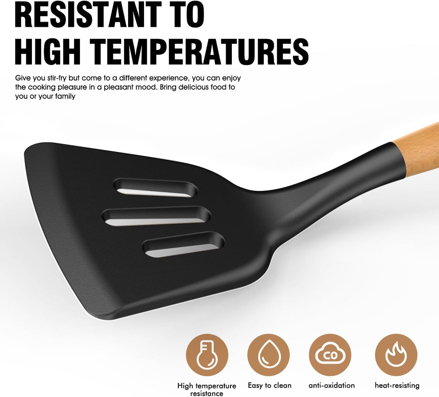 Silicone Cooking Utensils Set - AVGPD Silicone Kitchen Utensils for Cooking Wooden Handles, 446°F Heat Resistant Kitchen Utensil Spatula Sets, Gadgets for Non-Stick Cookware BPA FREE (Black)