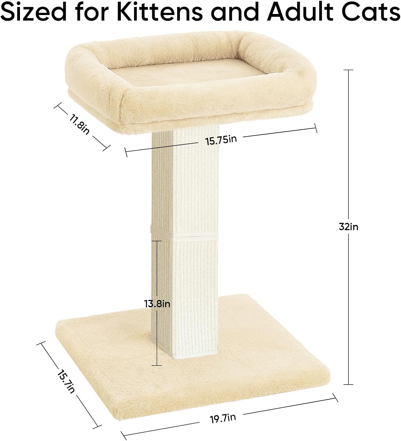 AGYM Cat Scratching Post, 32”Cat Scratcher with Large Plush Perch, Sisal & Carpet Scratching Post, Vertical Posts with Elevated Bed for Indoor Cats, Removable& Washable Cover, Beige