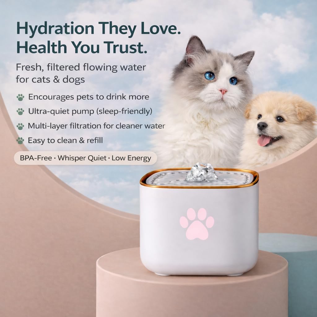 Cat Water Fountain, Water Fountain for Dogs, Indoor Water Dispenser, 3L Automatic Cat Water Dispenser, Quiet Motor, Holds Water for 10 Days – Cute Pink Design