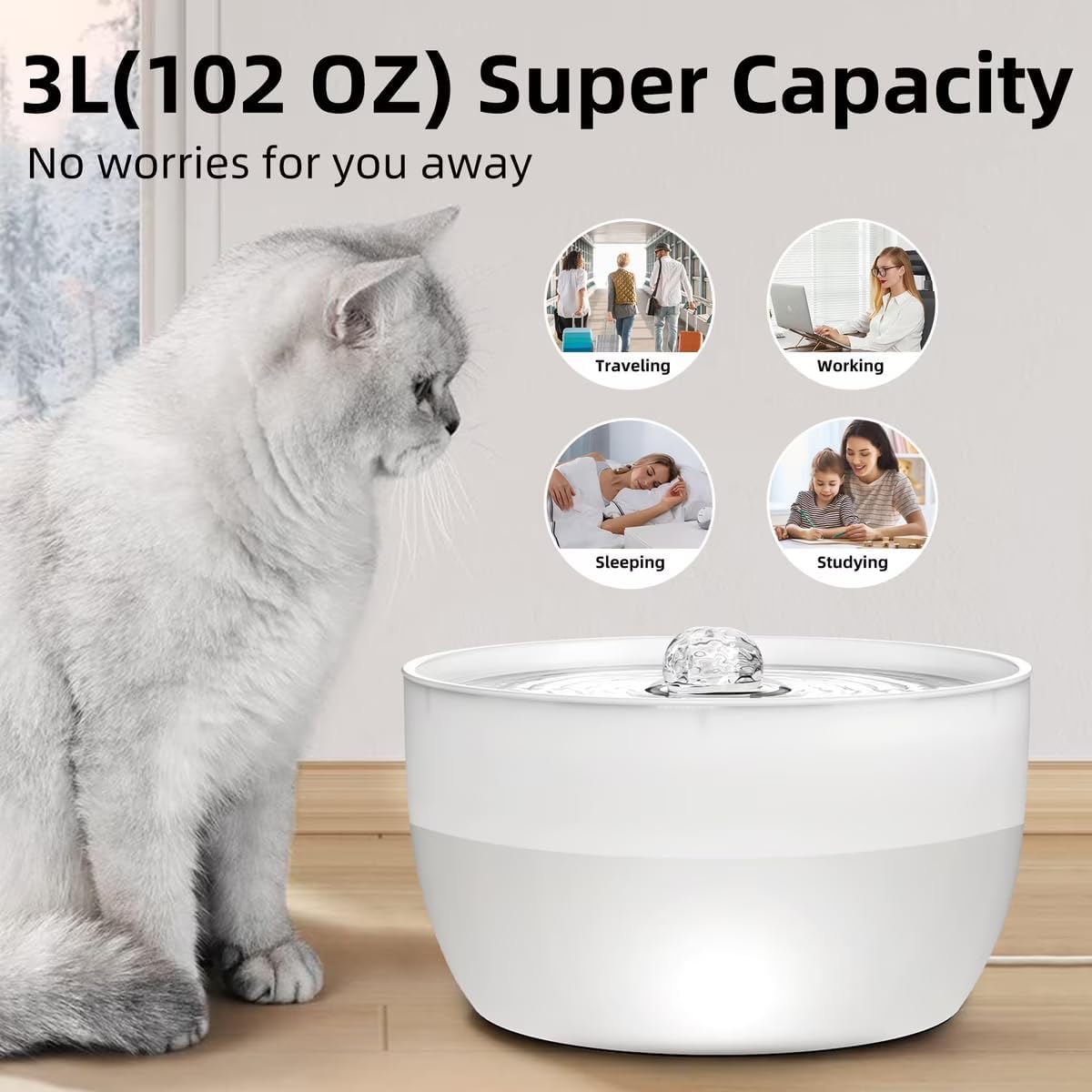 Casfuy W8 Stainless Steel Dog & Cat Water Fountain with LED Light, White, 102-fl oz