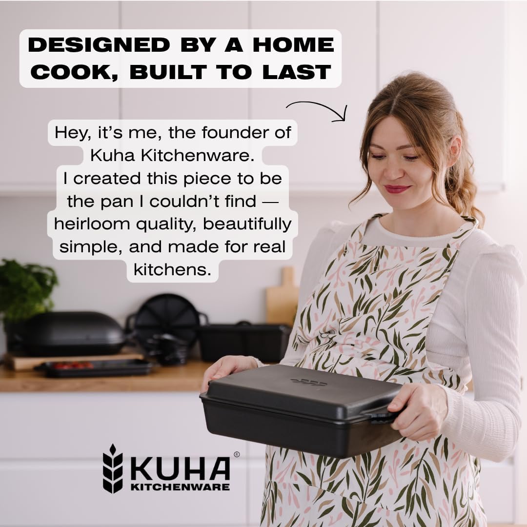 KUHA Square Cast Iron Dutch Oven 2-in-1 | Pre-Seasoned Cast Iron Cookware | Skillet Lid & Casserole Dish | For Baking, Roasting & Grilling | Chainmail Scrubber Included | 13" x 9", 6 QT