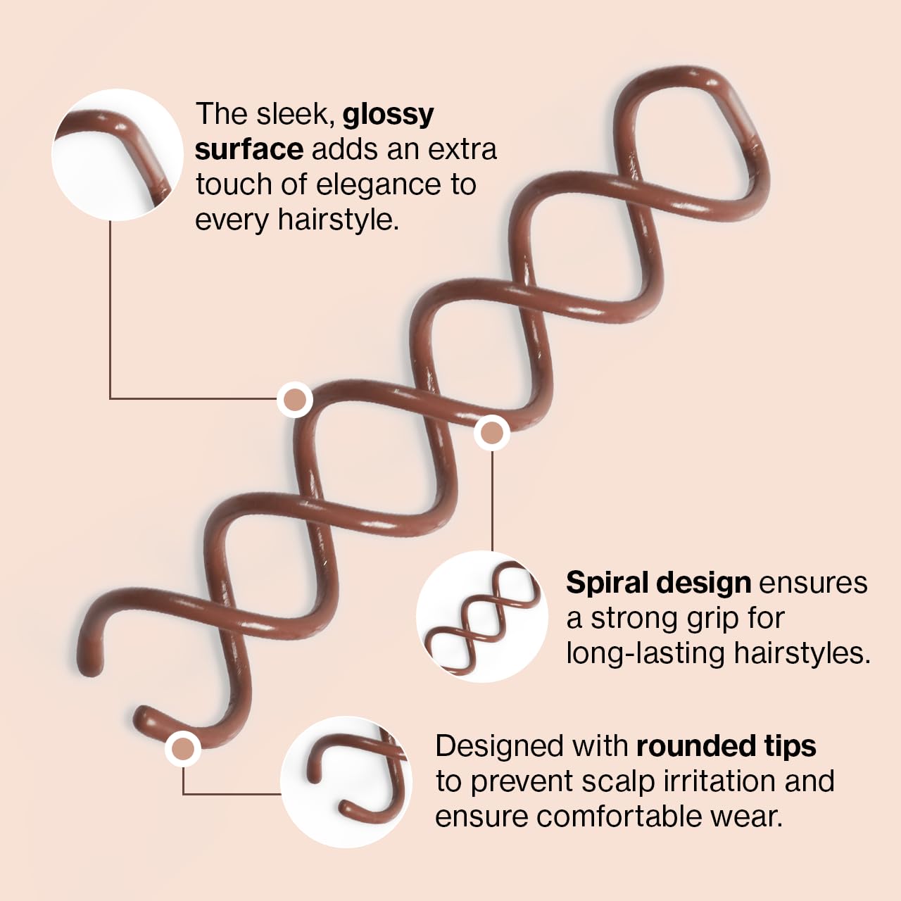 Kitsch Spiral Bobby Pins for Girls and Women - Hair Bun Maker | Rounded Tips, Chip-Resistant Bun Twist Spiral Hair Pins | Secure Hold All-Day | Ideal Gifts for Women - 3Pcs, Brown