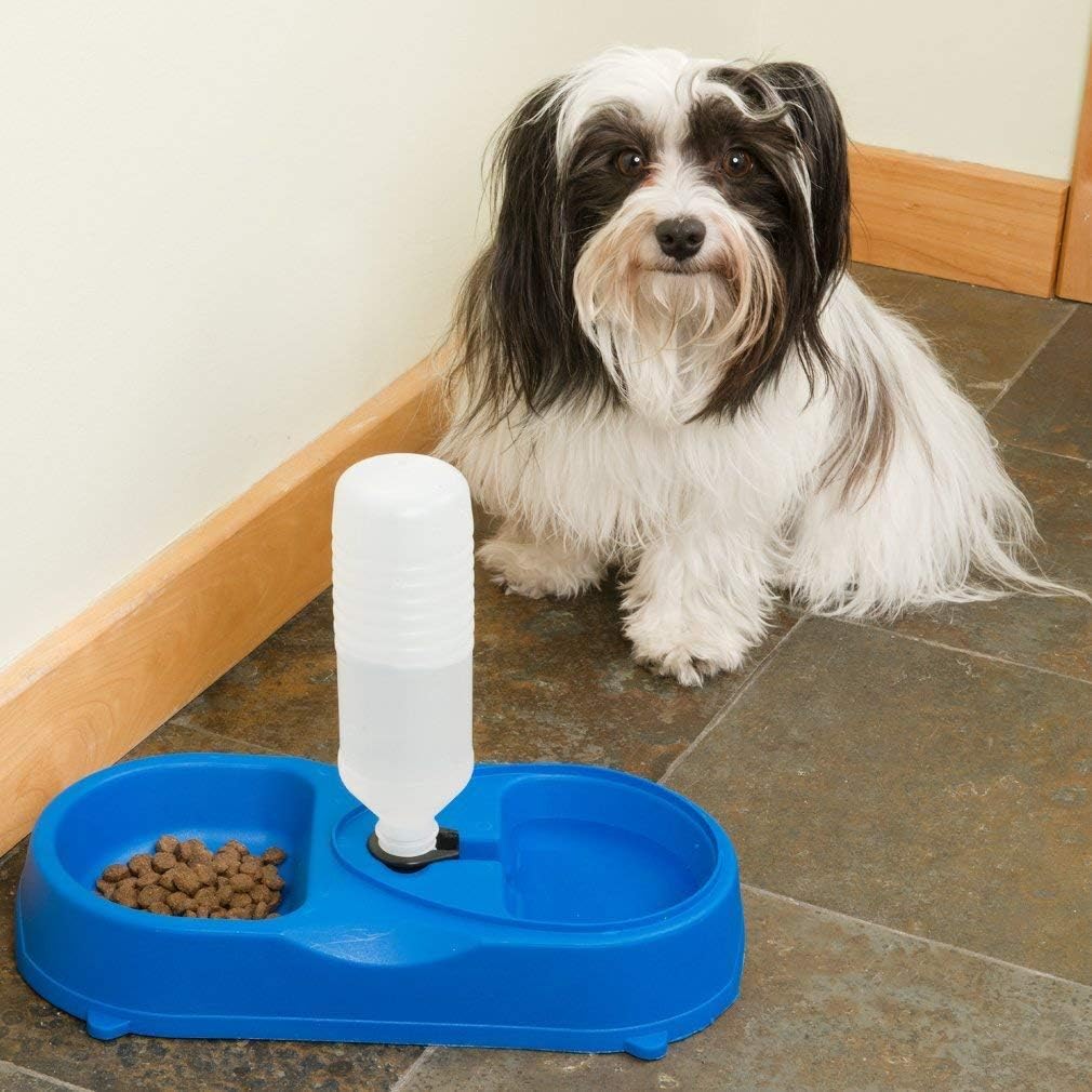 Dual Port Pet Dog Cat Bowl, Automatic Water Dispenser Plastic Feeder Utensils Bowl, Drinking Fountain Food Dish for Dog & Cat