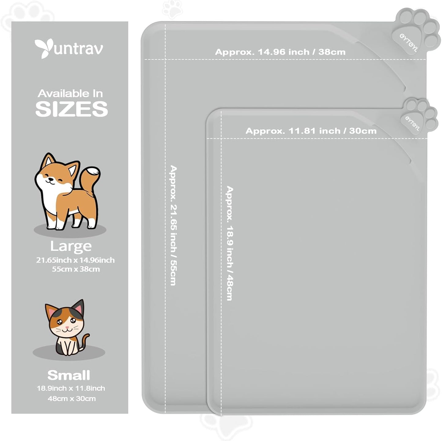 Waterproof Raised Edge BPA Free Silicone Pet Feeding Mat-Multiple Colors，Dog Cat Food Mats Contain Spills Protects Floors, Placemats for Cats and Dogs Water Bowl, Pets Accessories 22x15 Gray