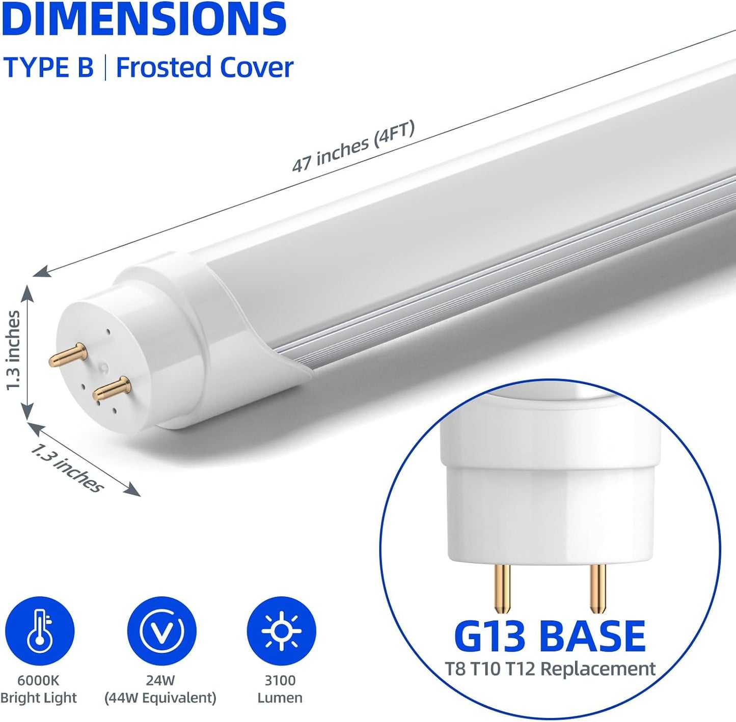 Barrina 4FT LED T8 Type B Light Tube, 24W, 3500LM, 6000K Bright Light, Ballast Bypass, 4 Foot Fluorescent Replacement Tube, Dual-End Powered, T8 T10 T12 LED Replacement, Frosted Cover, 16 Packs