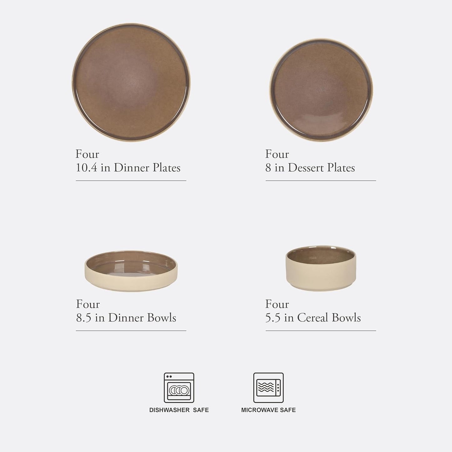 Gibson Elite Liberty Bay 16-Piece Pottery Clay Stoneware Dinnerware Set – Mocha Brown Reactive Glaze, Stackable Plates and Bowls W/Pasta Bowl, Service for 4 – Microwave & Dishwasher Safe