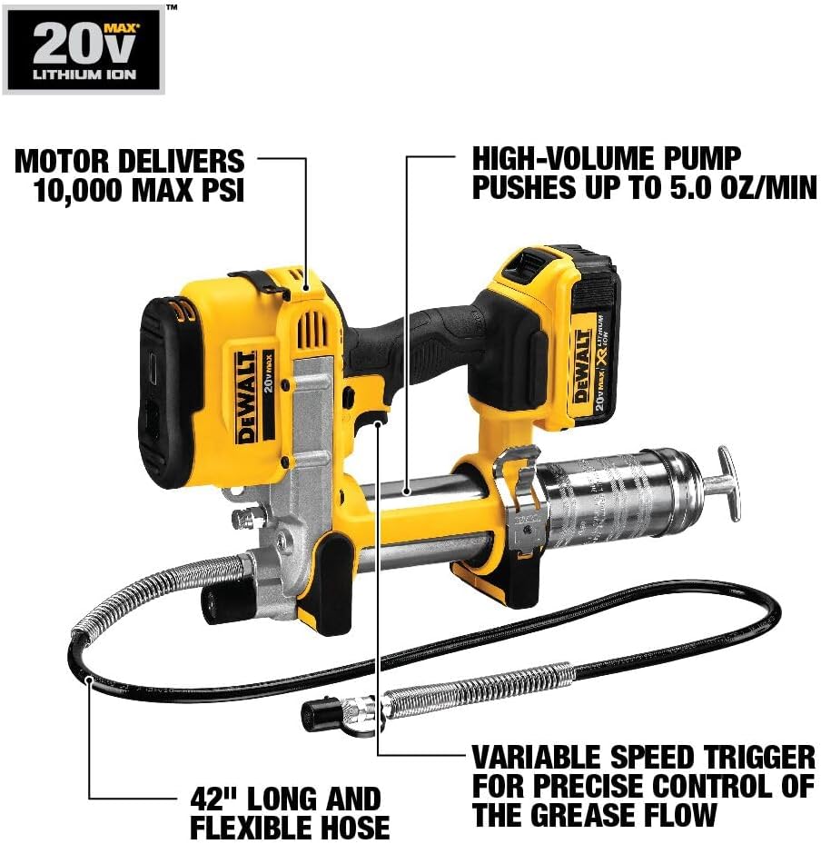 DEWALT Grease Gun Kit 20V MAX with 4.0Ah Battery and Charger, Cordless Grease Gun, LED Light, 42” Hose, 10,000 PSI, Variable Speed Triggers (DCGG571M1)