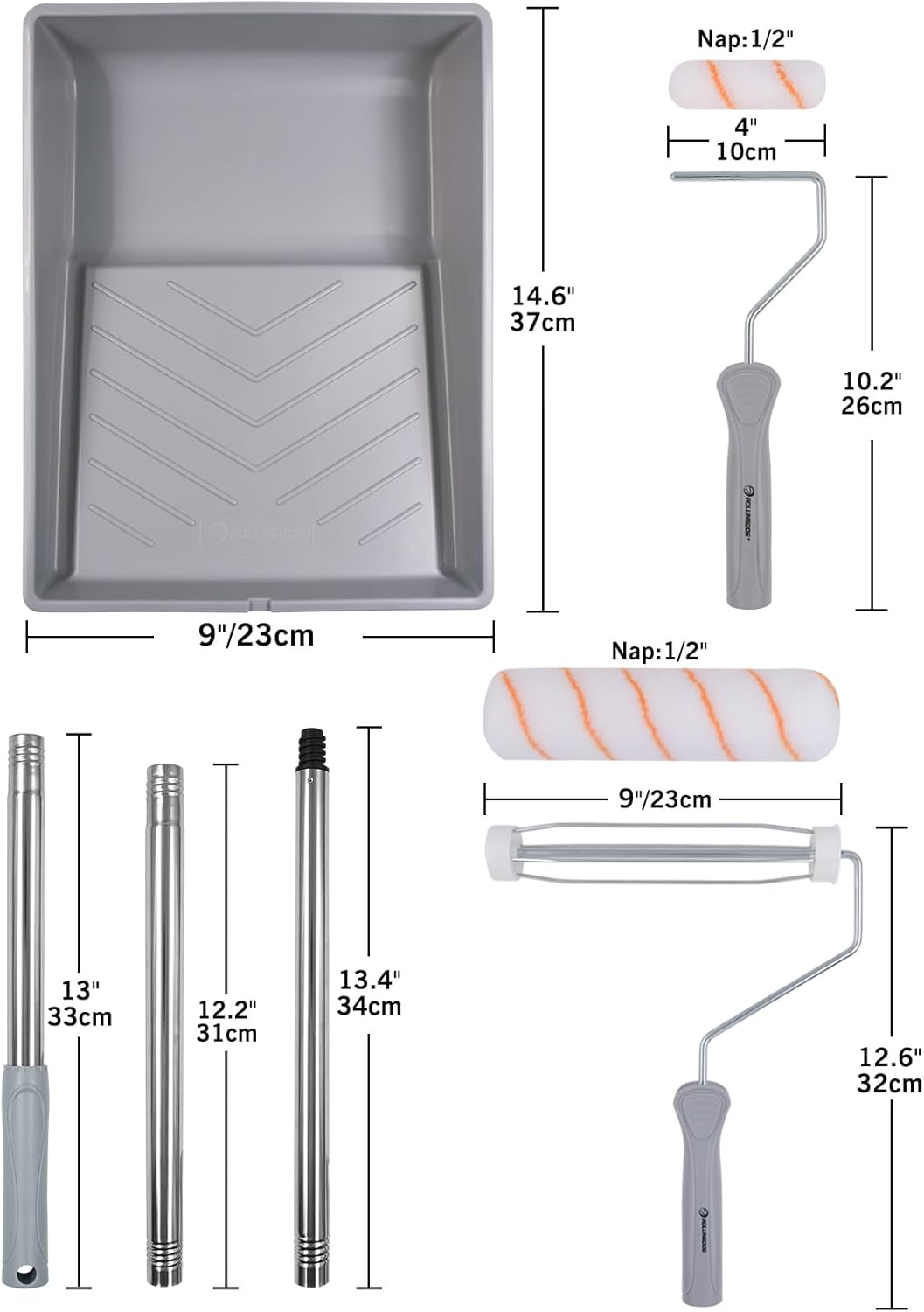 ROLLINGDOG Paint Roller Kit with Extension Pole - 9 Inch Paint Roller with Tray, 4Inch Mini Rollers,Stainless Steel Extension Pole (3ft)