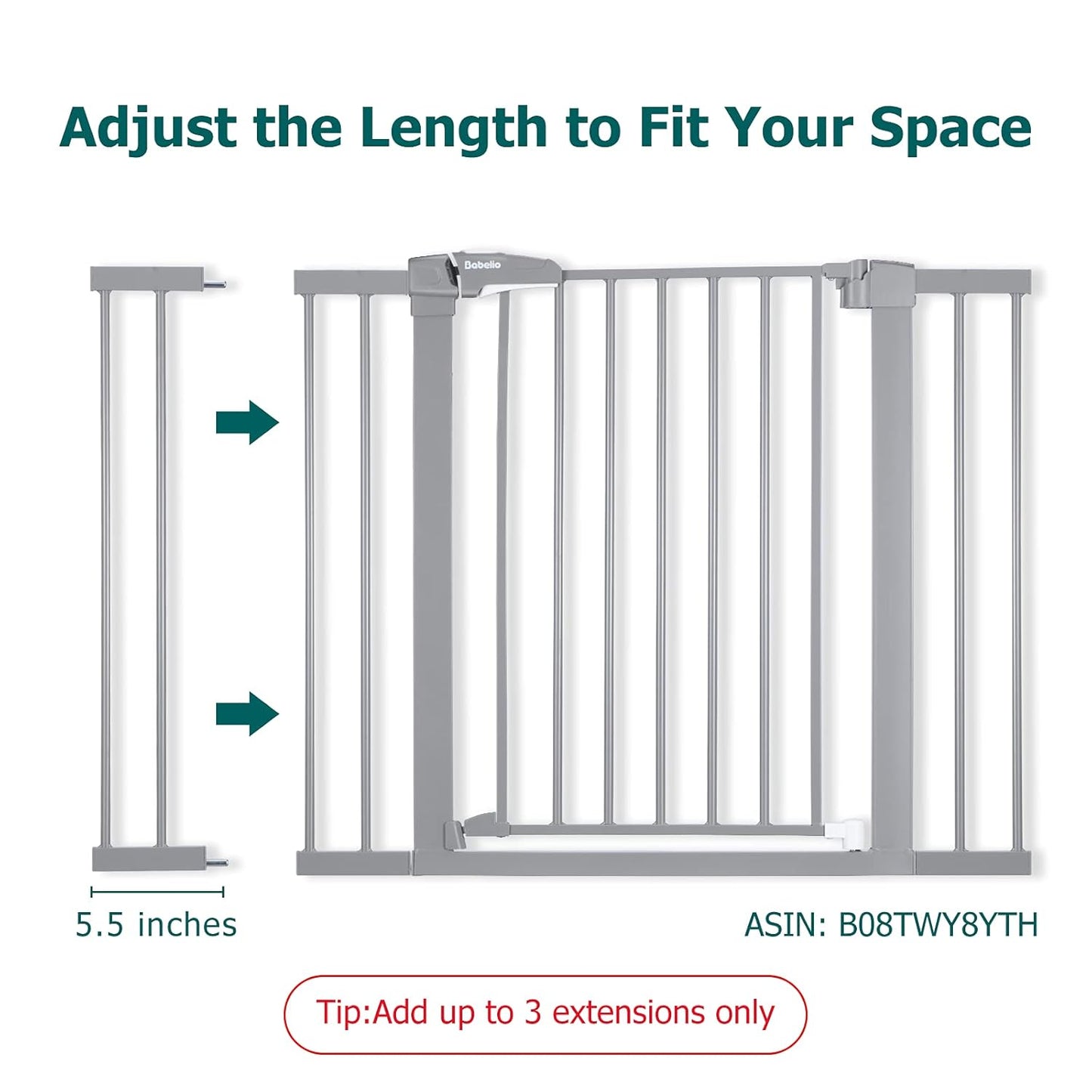 BABELIO Baby Metal Gate Extension, 5.5 Inch Gray Extra Wide Pet Gate for Stairs & Doorways, Pressure Mounted Baby Gate Dog Gate, No Tools Required,30" Tall