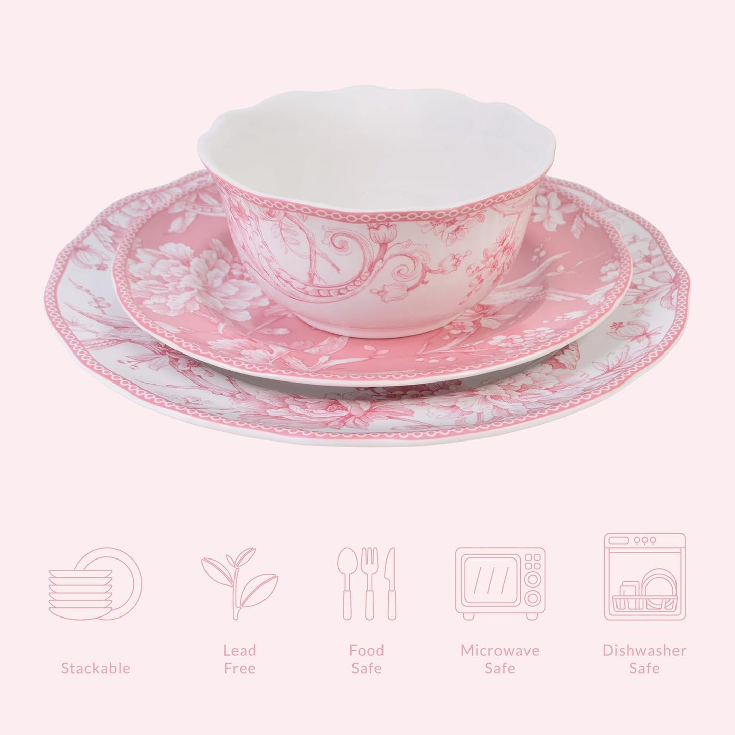 222 Fifth Adelaide Blush 12-Piece Pink Porcelain Dinnerware Set – Service for 4, Big Dinner Plates and Bowls Sets, White with Pink Floral Pattern, for Daily Entertainment, Microwave & Dishwasher Safe