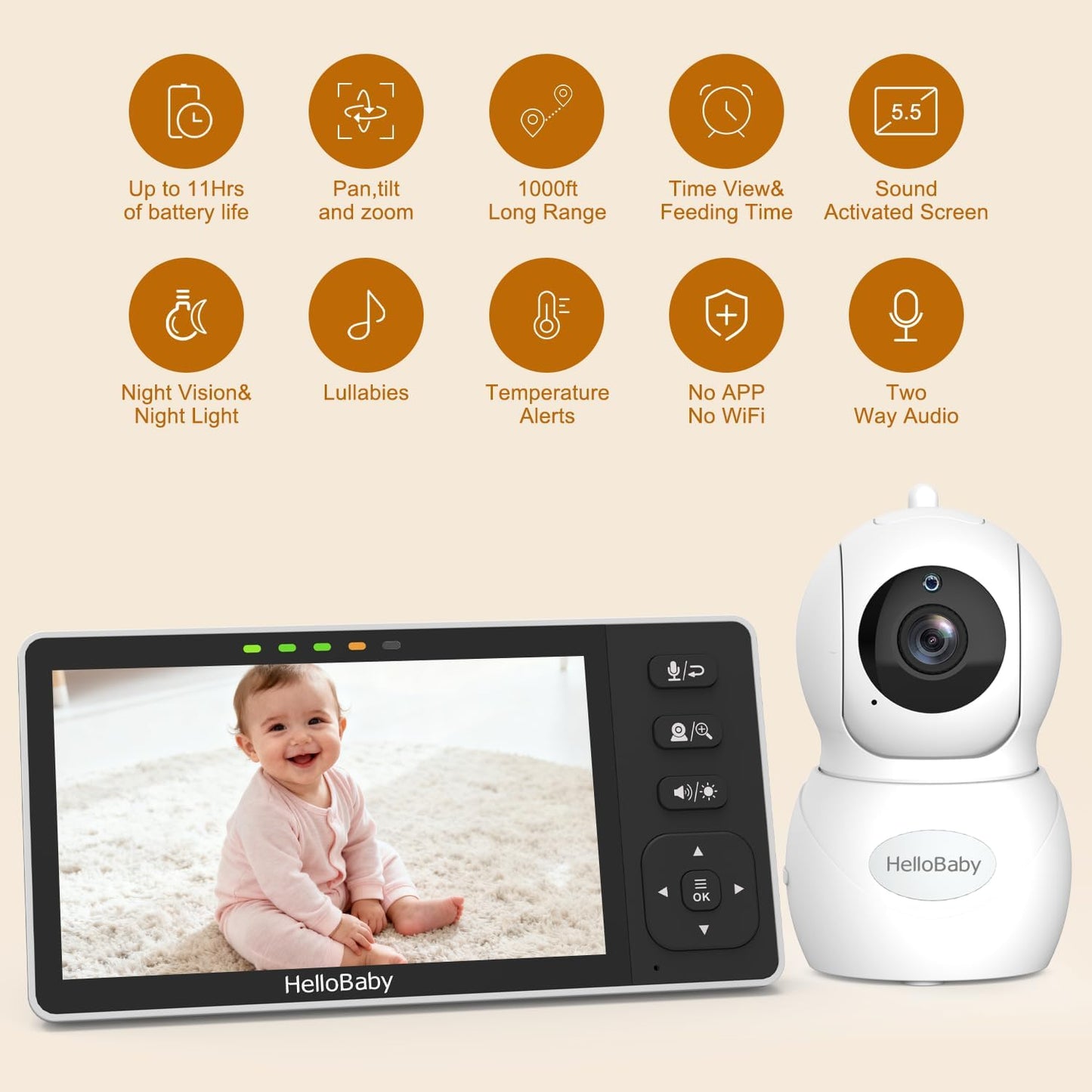 HelloBaby 5.5'' HD Video Baby Monitor with 1080P Camera | No WiFi, Hack-Proof Security & 1000ft Range | Remote Pan, Tilt, Zoom, Night Vision, Night Light | 4000mAh Battery
