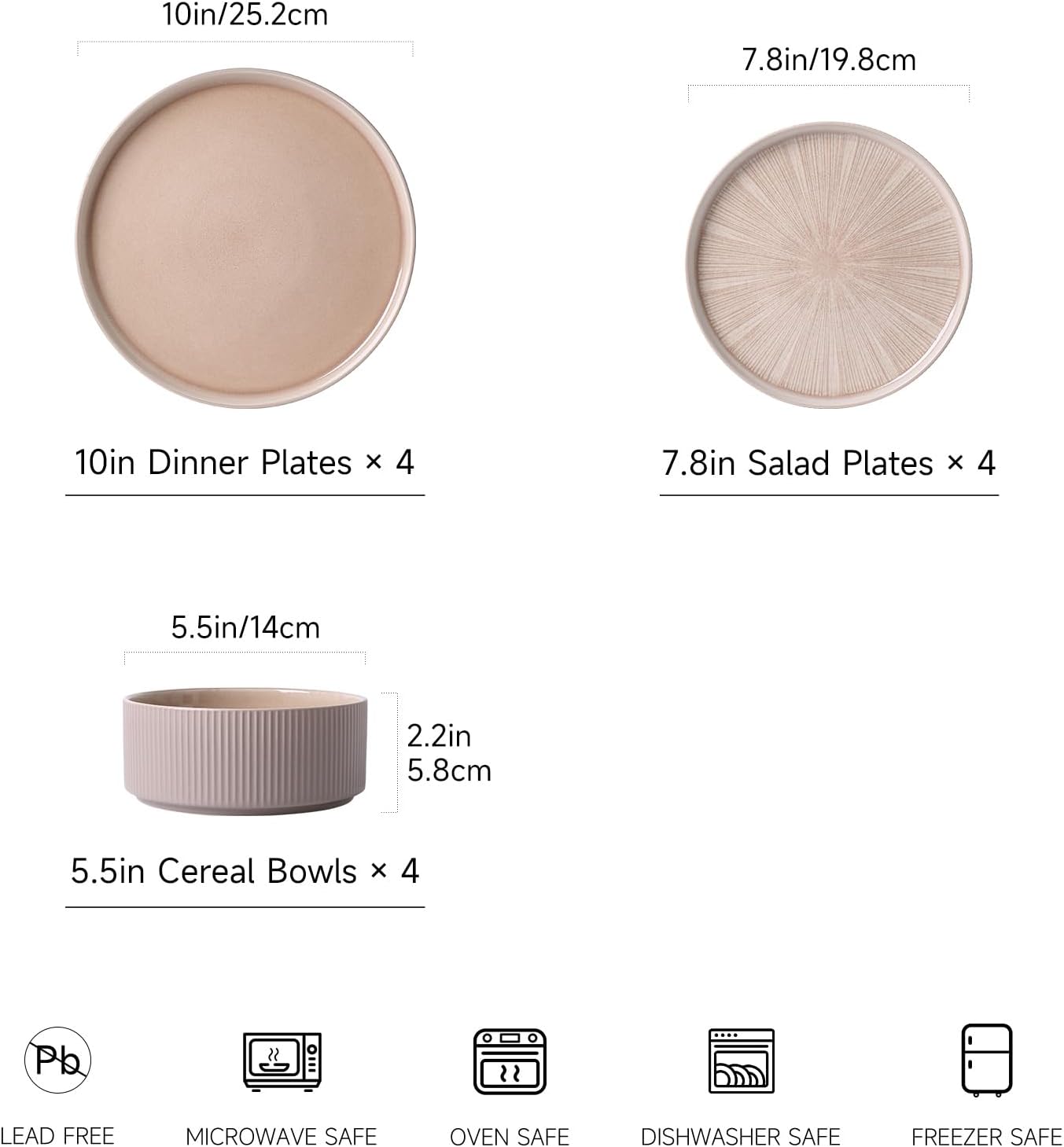 Dinnerware Sets for 4, Ceramic Plates and Bowls Set 12 Piece Dinnerware Chip Resistant Stoneware, Dishwasher and Microwave Safe-Brown
